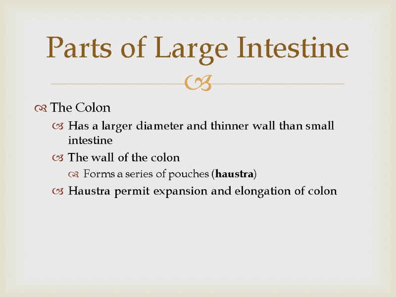 The Colon Has a larger diameter and thinner wall than small intestine  